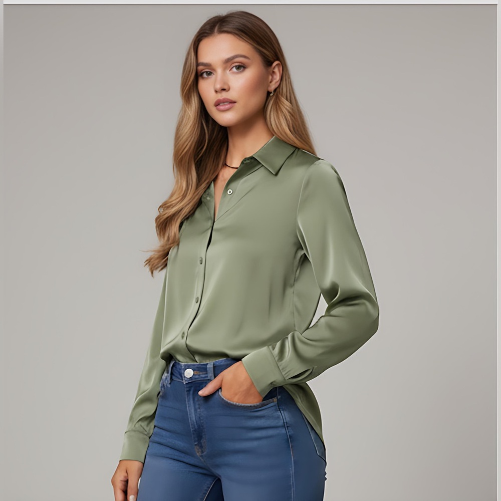 Satin Button Front Long Sleeve Blouse Olive Green